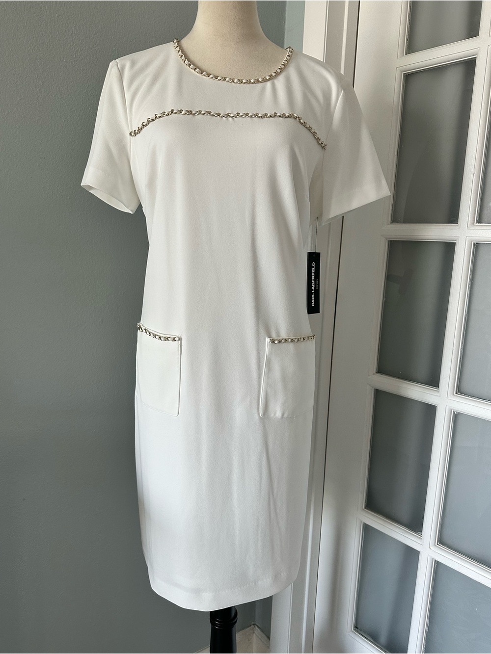 Karl Lagerfeld White Midi Shift Dress with Gold Chain Trim